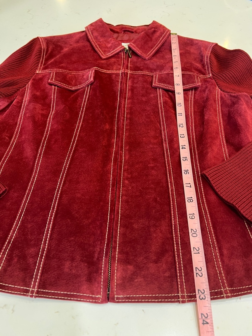 Coldwater Creek Burgundy Deep Red Leather Jacket Rib Knit Sleeve Mixed Media - Picture 9 of 9